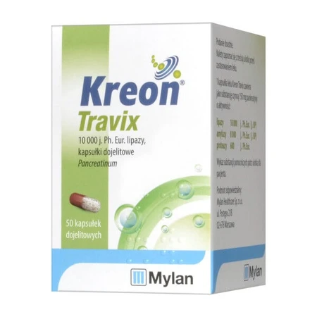 Set Kreon Travix, 10.000, enterale capsules, 50 stuks (fles) + Vitaminum E, (300 mg / ml), druppels, 10 ml (Medana)