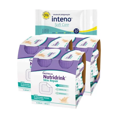 Set de 3 x Nutridrink Skin Repair, sabor vainilla, líquido, 4 x 200 ml + INTENO Soft Care, toallitas de cuidado, 10 uds.