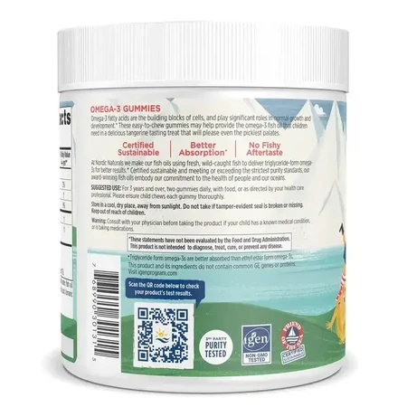 Nordic Omega-3 Gummies, 82 mg Tangerine Treats, gominolas, 120 uds.