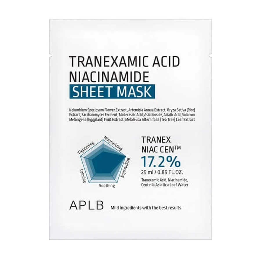 APLB Tranexaminezuur Niacinamide Sheet Mask, verhelderend bladmasker met tranexaminezuur en niacinamide, 25 ml