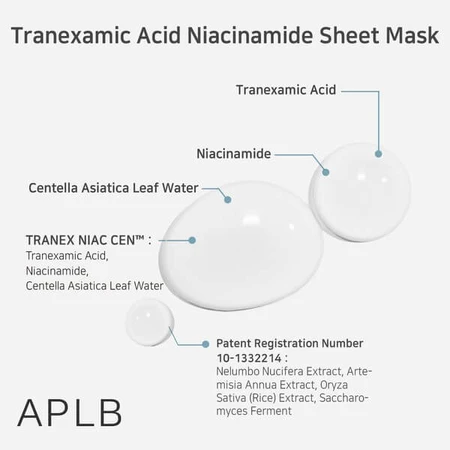 APLB Tranexaminezuur Niacinamide Sheet Mask, verhelderend bladmasker met tranexaminezuur en niacinamide, 25 ml