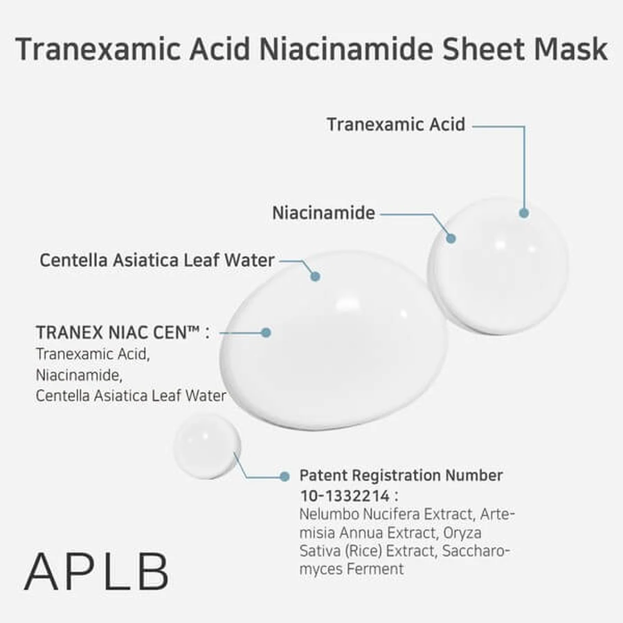 APLB Tranexaminezuur Niacinamide Sheet Mask, verhelderend bladmasker met tranexaminezuur en niacinamide, 25 ml