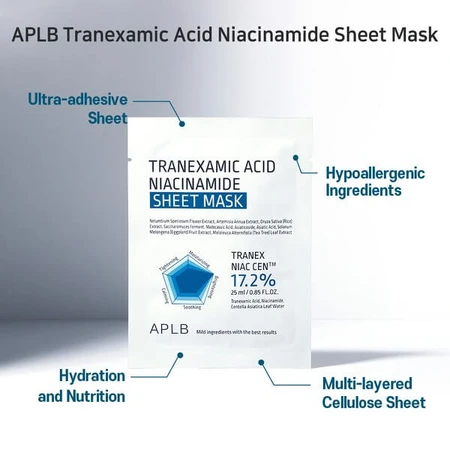 APLB Tranexaminezuur Niacinamide Sheet Mask, verhelderend bladmasker met tranexaminezuur en niacinamide, 25 ml