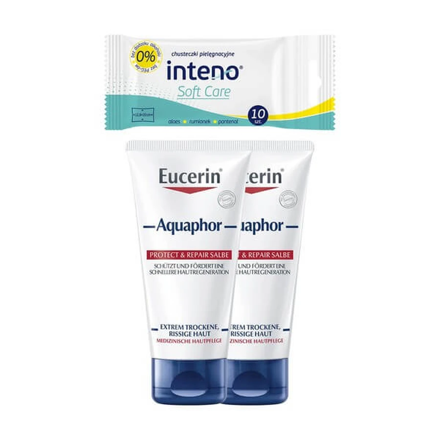 Set of 2 x Eucerin Aquaphor, regenerating ointment for dry, cracked and irritated skin + INTENO Soft Care, care wipes, 10 pcs.