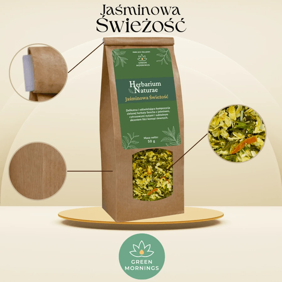 Mañanas Verdes, Herbarium Naturae, Frescor de Jazmín, composición de té verde, 50 g.