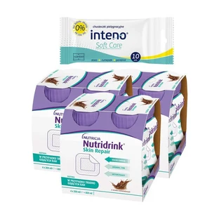 Set van 3 x Nutridrink Skin Repair, chocoladesmaak, vloeibaar, 4 x 200 ml + INTENO Soft Care, verzorgingsdoekjes, 10 stuks.