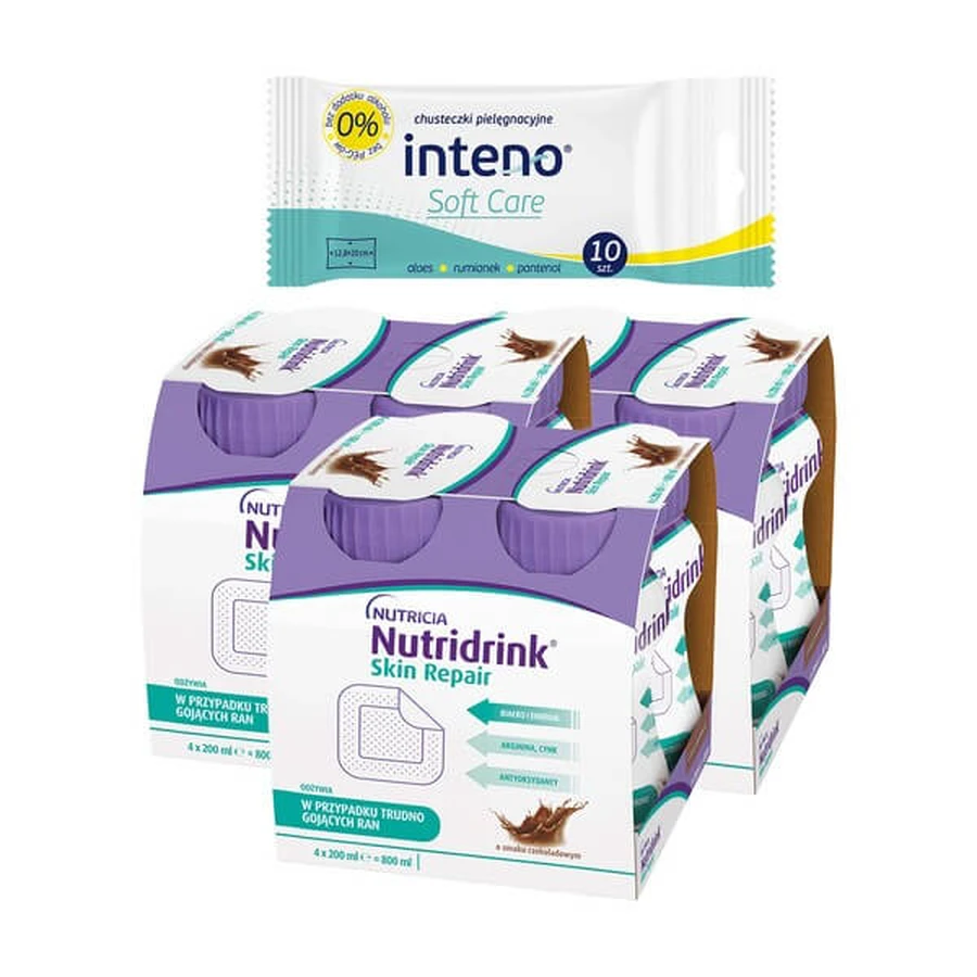 Set van 3 x Nutridrink Skin Repair, chocoladesmaak, vloeibaar, 4 x 200 ml + INTENO Soft Care, verzorgingsdoekjes, 10 stuks.