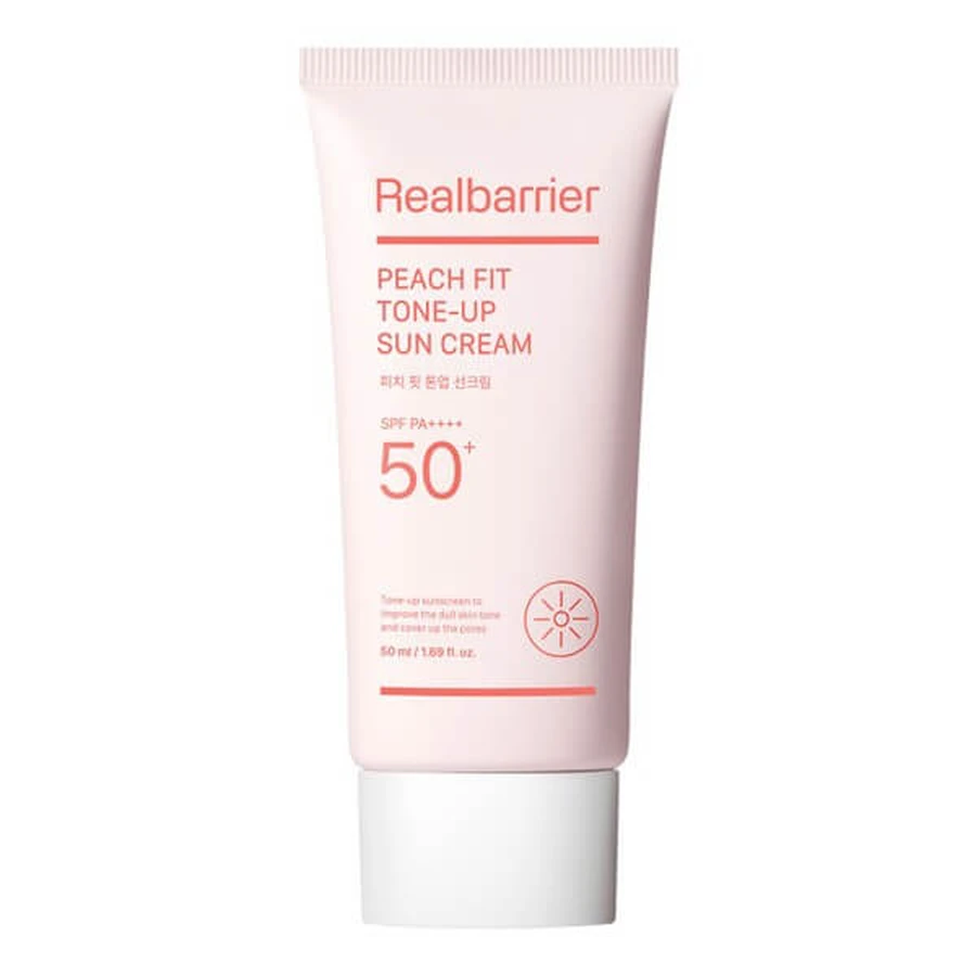Real Barrier Peach Fit Tone-Up Sun Cream SPF50+ PA++++, moisturizing sunscreen with brightening effect, 50 ml.