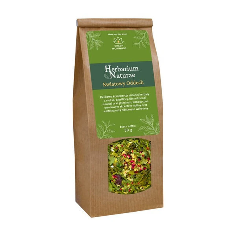 Green Mornings, Herbarium Naturae, Flower Breath, Grüner Tee Zusammensetzung, 50 g.