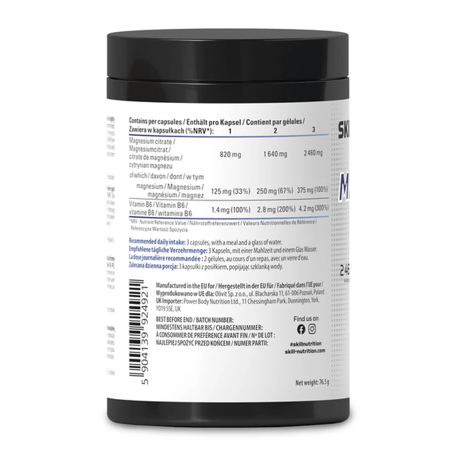 Skill Nutrition Magnesiumcitraat + B6, harde capsules, 90 stuks.