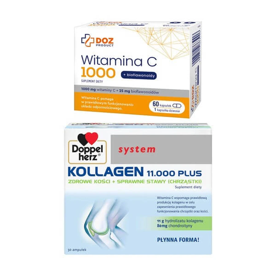 DOZ Product set Vitamin C 1000 + bioflavonoids, capsules, 60 pcs. + Doppelherz system Kollagen 11,000 PLUS, liquid, ampoules, 30 pcs. x 25 ml