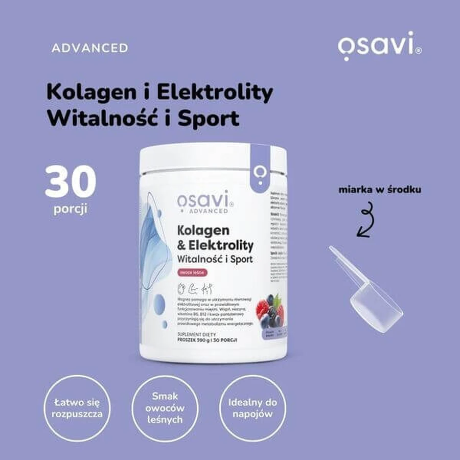 Osavi Collagen &amp ; Electrolytes Vitalité et Sport, poudre, arôme fruits des bois, 390 g