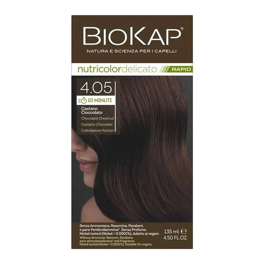 Biokap Nutricolor Delicato Rapid, hair dye 4.05 chocolate chestnut, 135 ml