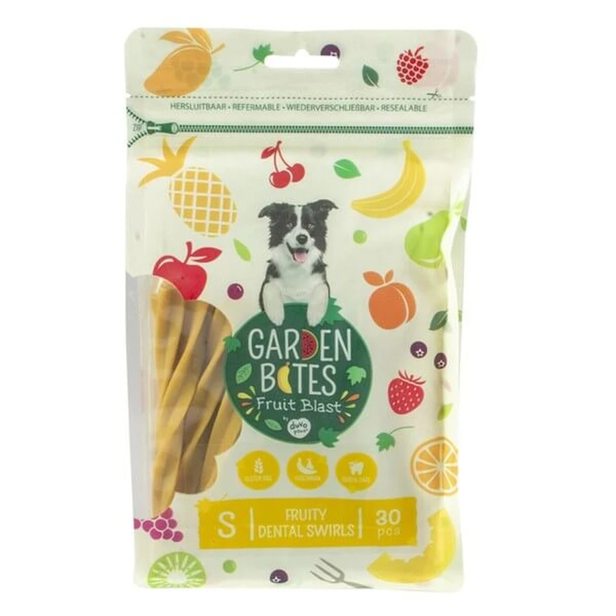 Garden Bites Fruit Blast, Fruity Dental Swirls, vegetarische traktatie voor honden, S, 13 cm x 30 stuks.