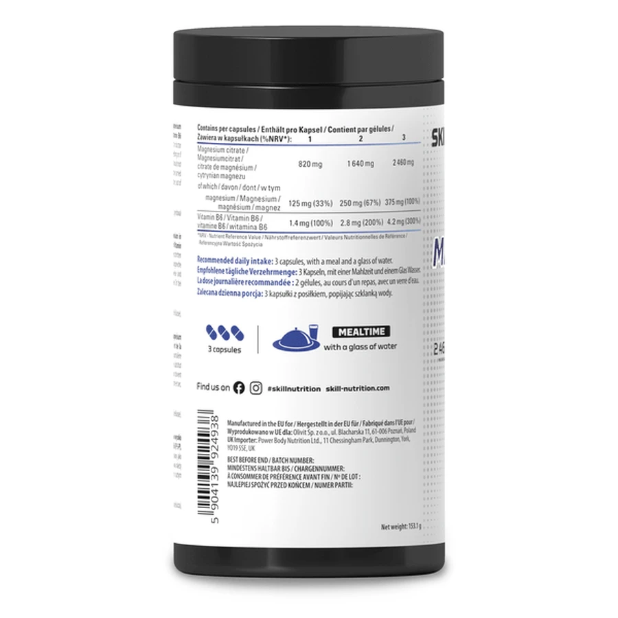 Skill Nutrition Magnesiumcitraat + B6, capsules, 180 stuks.