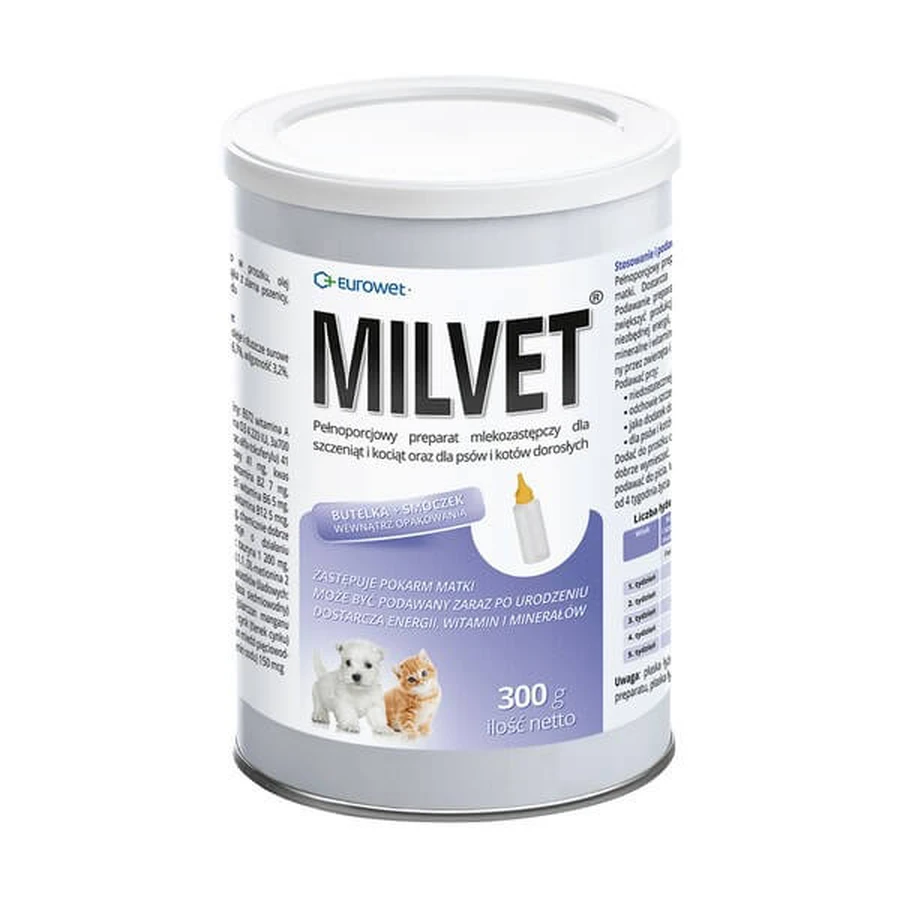 Milvet, sustituto completo de la leche para cachorros y gatitos y perros y gatos adultos, polvo, 300 g