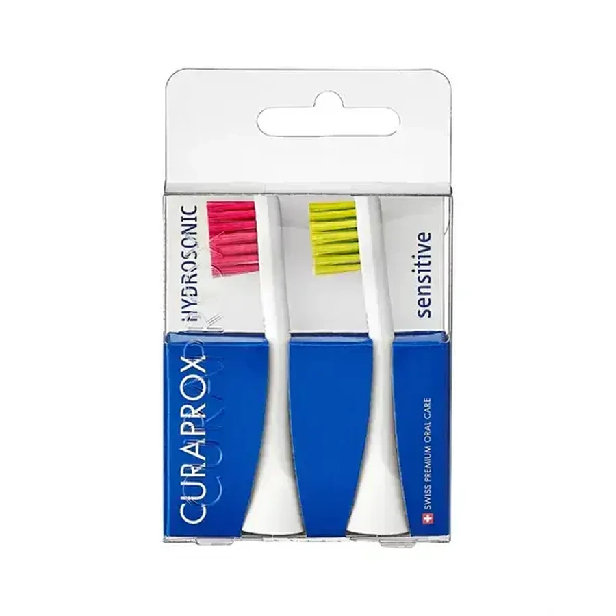 Curaprox Hydrosonic Sensitive, gekleurde opzetborstel voor Hydrosonic, magenta/groen, 2 stuks.