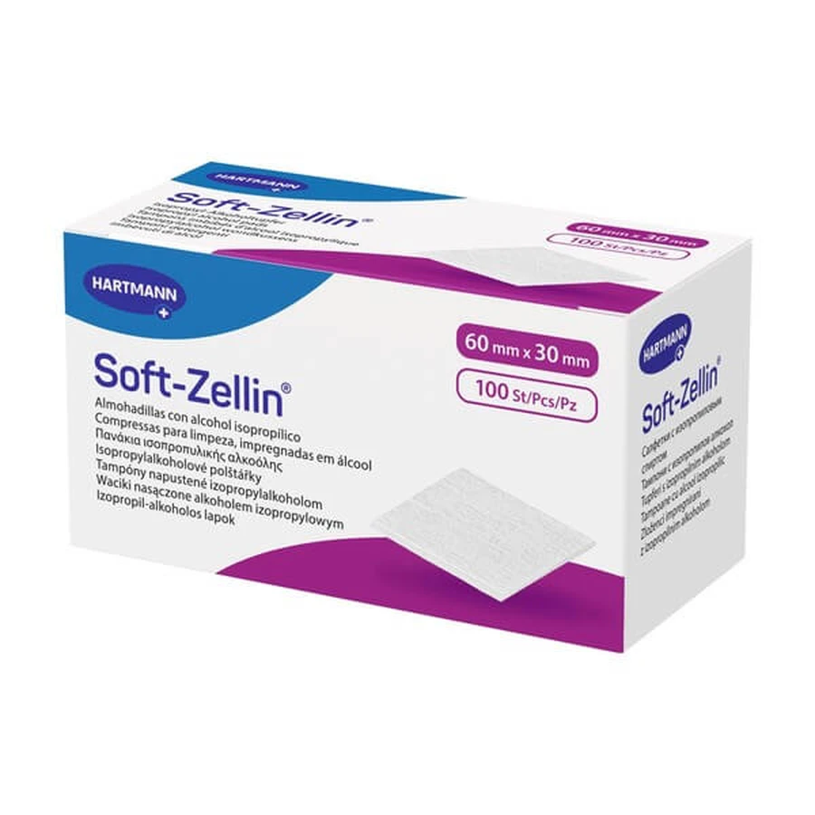Soft-Zellin, tampons imbibés d'alcool isopropylique, 60 mm x 30 mm, 100 pcs.