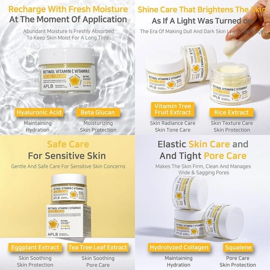 APLB Retinol Vitamine C Vitamine E Gezichtscrème, anti-verouderingscrème met retinol en vitamine C en E, 55 ml