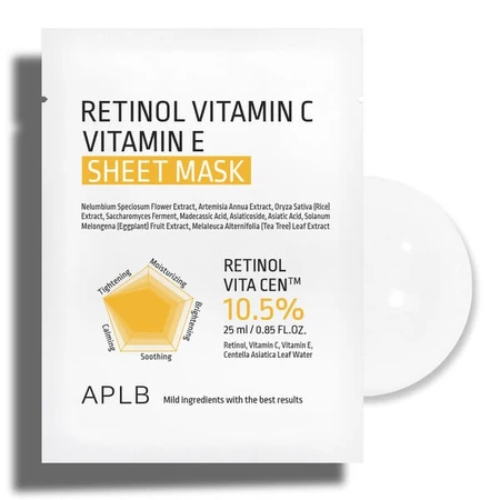APLB Retinol Vitamin C Vitamin E Sheet Mask, masque facial en feuilles au rétinol et aux vitamines C et E, 25 ml