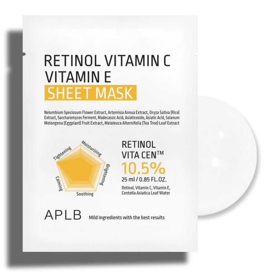 APLB Retinol Vitamin C Vitamin E Sheet Mask, masque facial en feuilles au rétinol et aux vitamines C et E, 25 ml