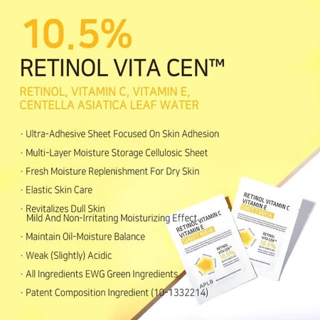 APLB Retinol Vitamin C Vitamin E Sheet Mask, masque facial en feuilles au rétinol et aux vitamines C et E, 25 ml