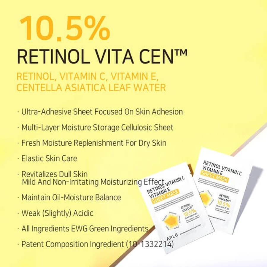 APLB Retinol Vitamin C Vitamin E Sheet Mask, masque facial en feuilles au rétinol et aux vitamines C et E, 25 ml