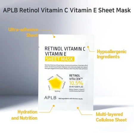 APLB Retinol Vitamin C Vitamin E Sheet Mask, masque facial en feuilles au rétinol et aux vitamines C et E, 25 ml