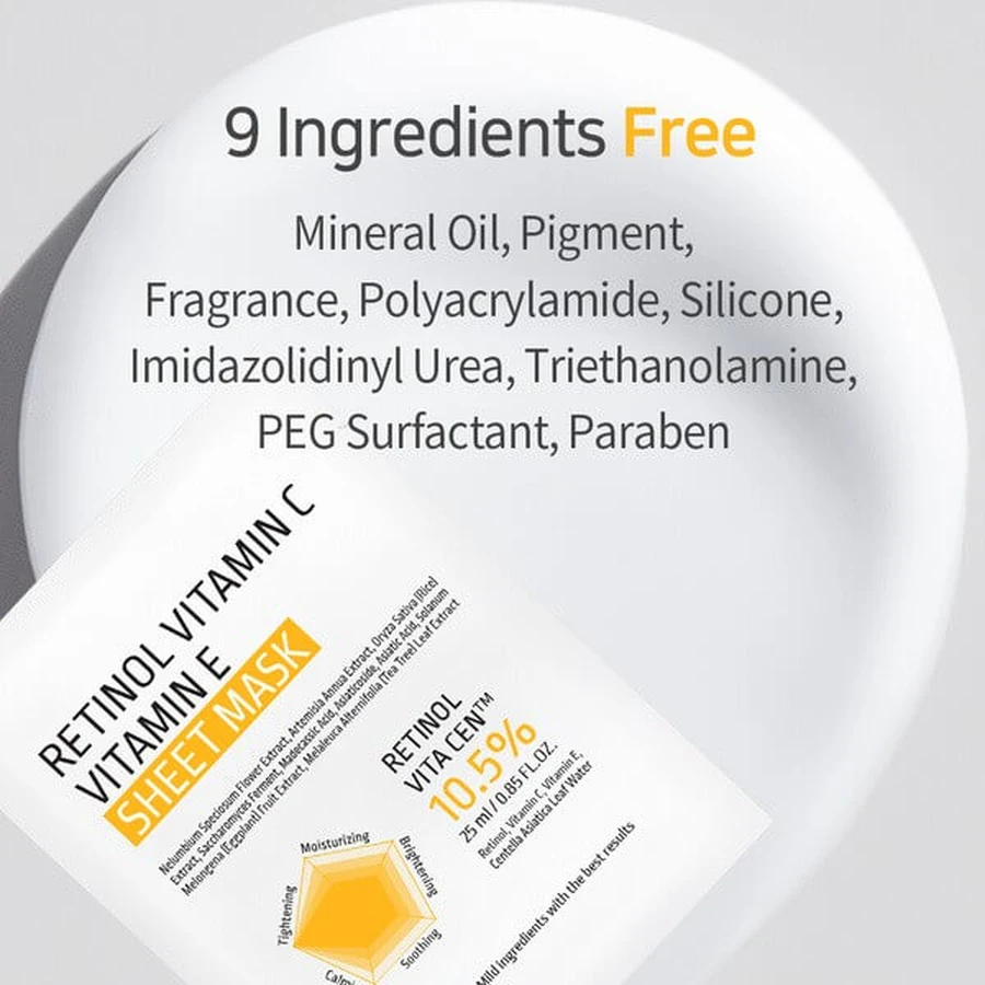 APLB Retinol Vitamin C Vitamin E Sheet Mask, masque facial en feuilles au rétinol et aux vitamines C et E, 25 ml