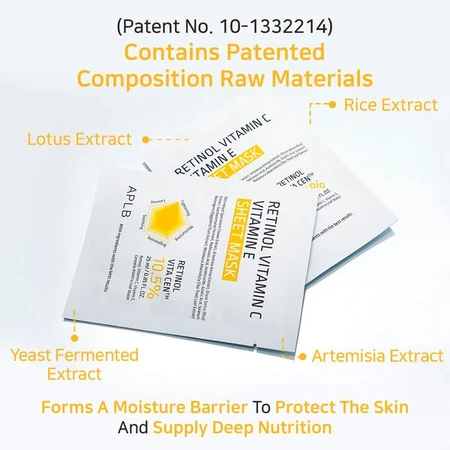 APLB Retinol Vitamin C Vitamin E Sheet Mask, masque facial en feuilles au rétinol et aux vitamines C et E, 25 ml