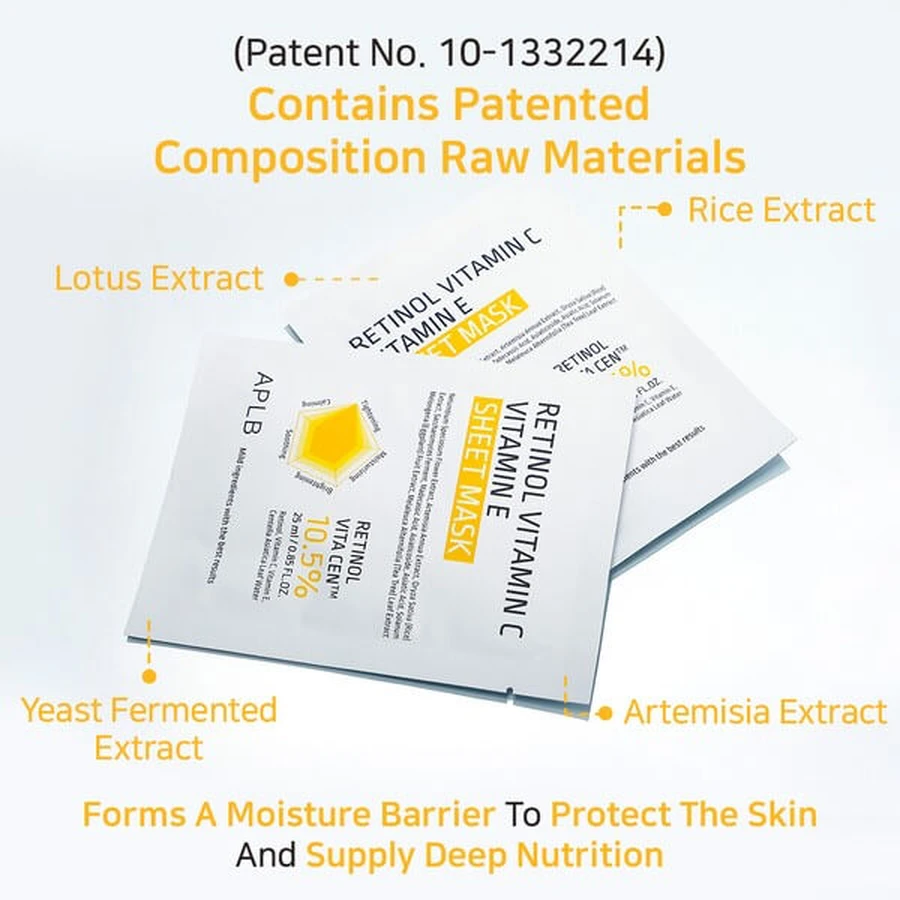 APLB Retinol Vitamin C Vitamin E Sheet Mask, masque facial en feuilles au rétinol et aux vitamines C et E, 25 ml