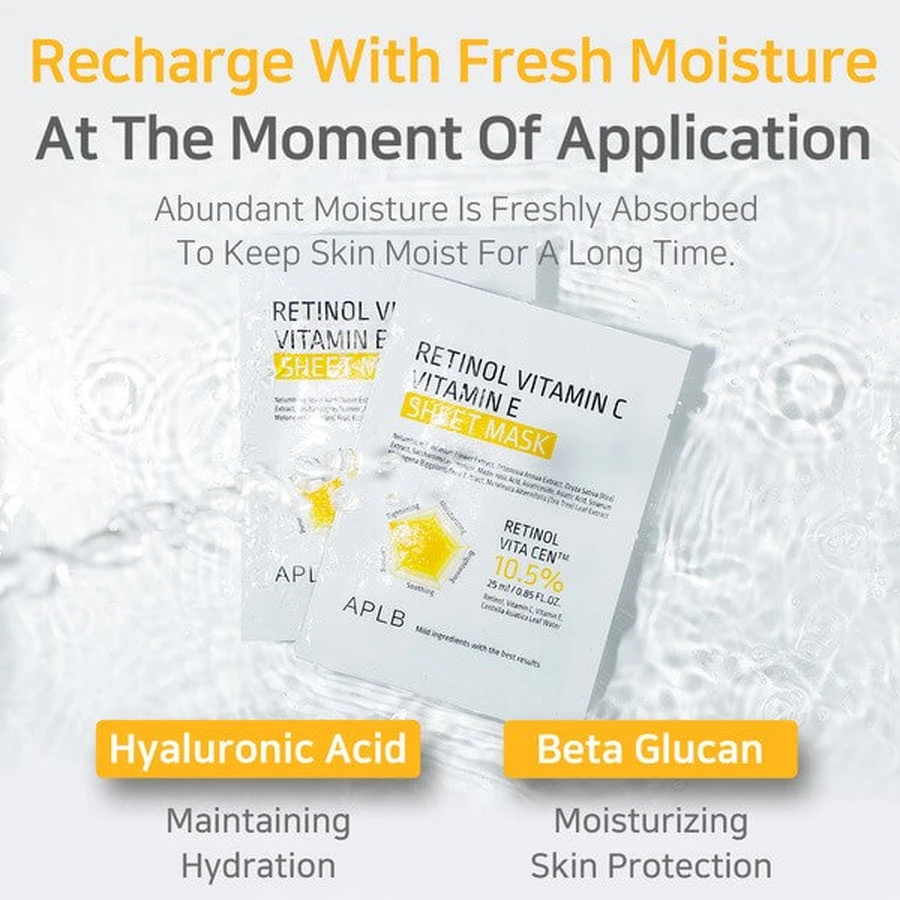 APLB Retinol Vitamin C Vitamin E Sheet Mask, masque facial en feuilles au rétinol et aux vitamines C et E, 25 ml