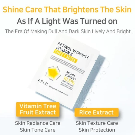 APLB Retinol Vitamin C Vitamin E Sheet Mask, masque facial en feuilles au rétinol et aux vitamines C et E, 25 ml