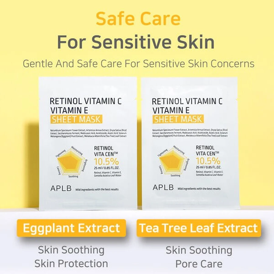 APLB Retinol Vitamin C Vitamin E Sheet Mask, masque facial en feuilles au rétinol et aux vitamines C et E, 25 ml