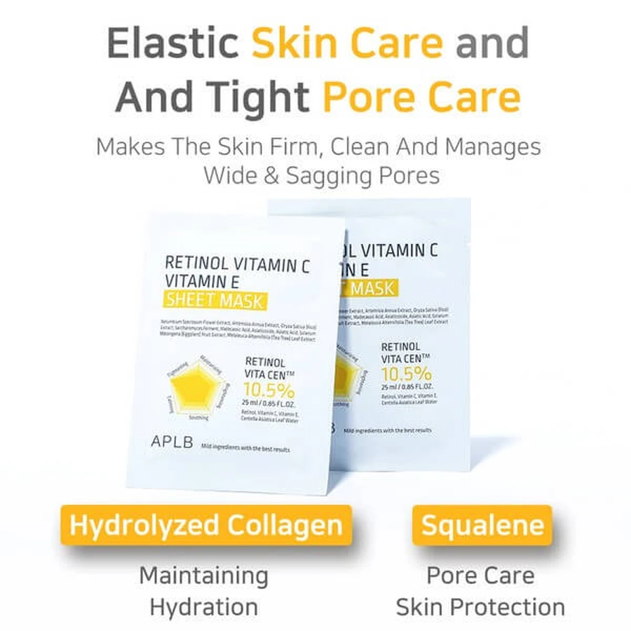 APLB Retinol Vitamin C Vitamin E Sheet Mask, masque facial en feuilles au rétinol et aux vitamines C et E, 25 ml