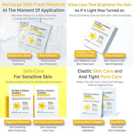 APLB Retinol Vitamin C Vitamin E Sheet Mask, masque facial en feuilles au rétinol et aux vitamines C et E, 25 ml