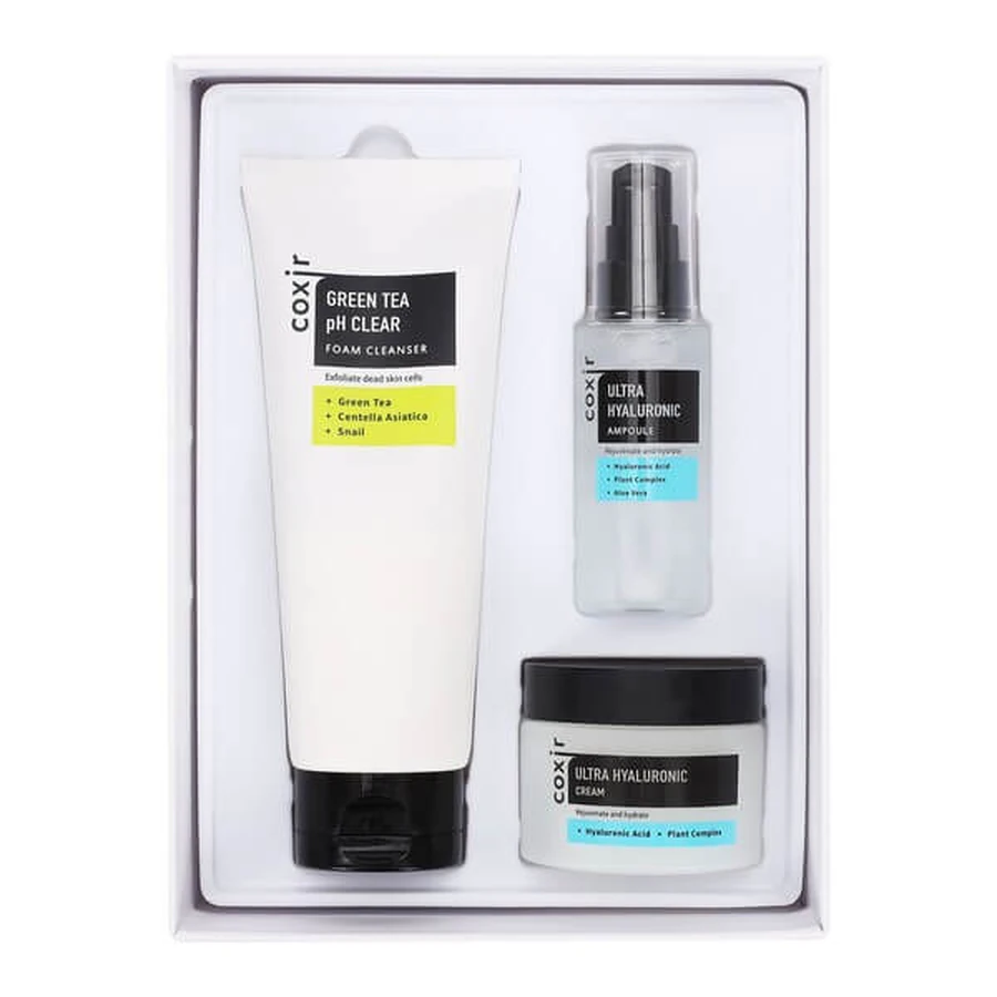 Kit Coxir Ultra Hyaluronic, Thé vert Mousse nettoyante transparente, 150 ml + ampoule Ultra Hyaluronic, 50 ml + crème hydratante, 50 ml