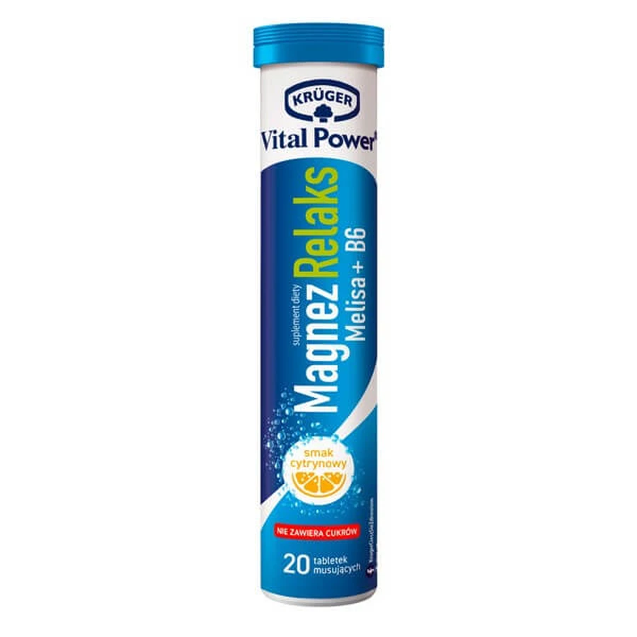 Kruger Vital Power Magnésium Relaxation Melissa + B6, comprimés effervescents, goût citron, 20 pcs.