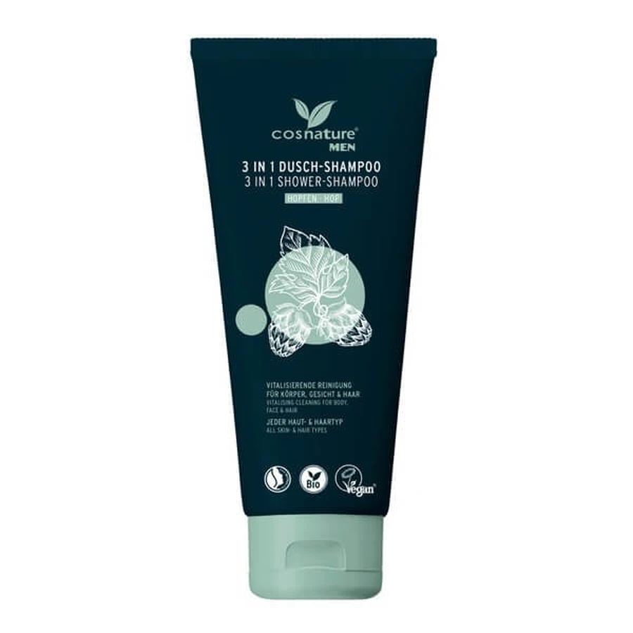 Cosnature Men, 3 in 1, natuurlijke shampoo - gezichts- en lichaamsgel met hopbellenextract, 200 ml