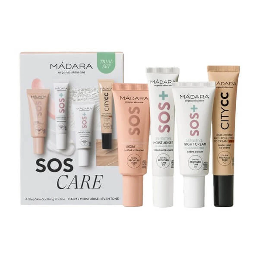 Madara SOS Care 4-Step Skin Routine, set de cosméticos calmantes, tono Light, 1 ud.