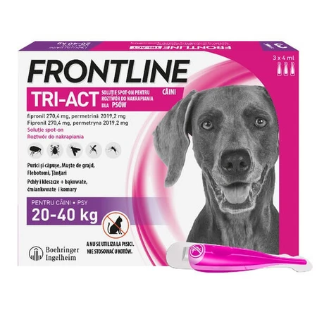 Frontline Tri-Act Spot-on L Perro 20-40 kg, triple protección contra parásitos, gotas en pipetas, 4 ml x 3 uds.
