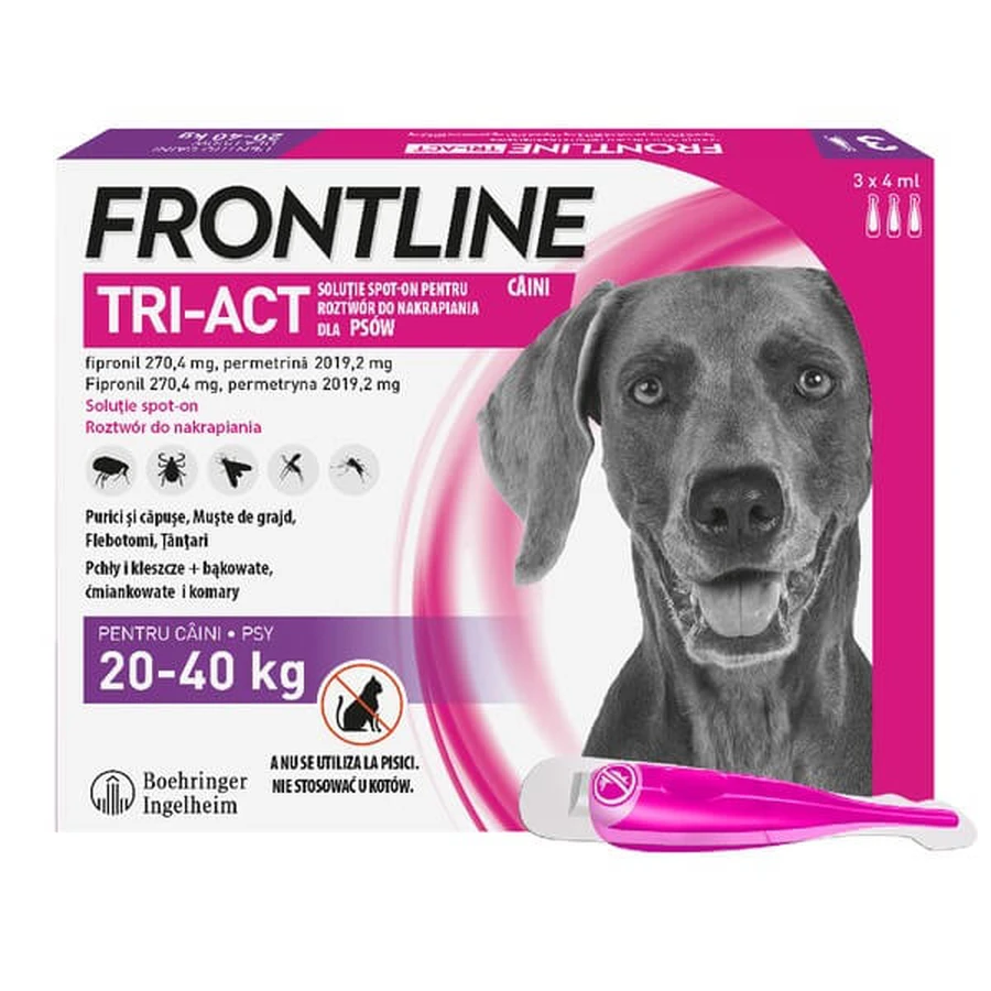 Frontline Tri-Act Spot-on L Perro 20-40 kg, triple protección contra parásitos, gotas en pipetas, 4 ml x 3 uds.