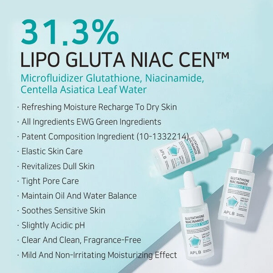 APLB Glutatión Niacinamida Ampolla, sérum facial iluminador con glutatión y niacinamida, 40 ml