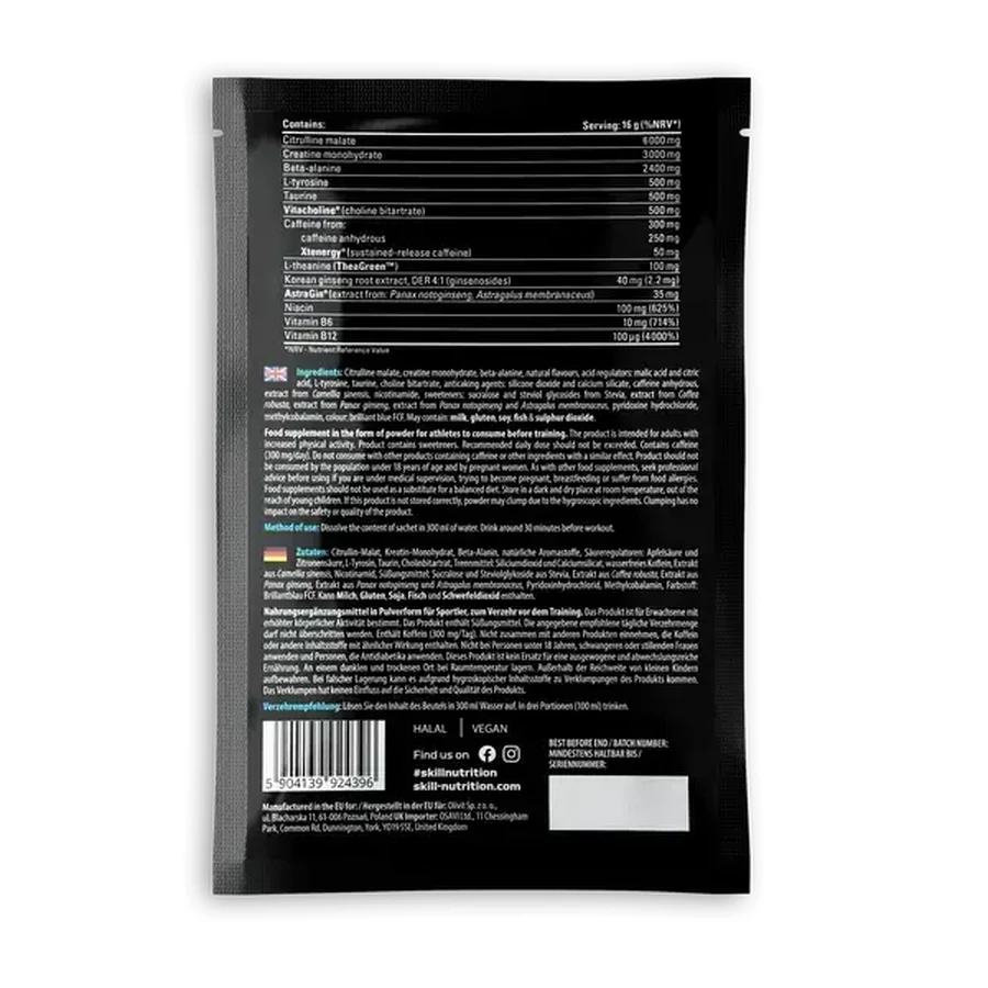 Skill Nutrition Pre-Workout, powder, blue raspberry flavor, 16 g