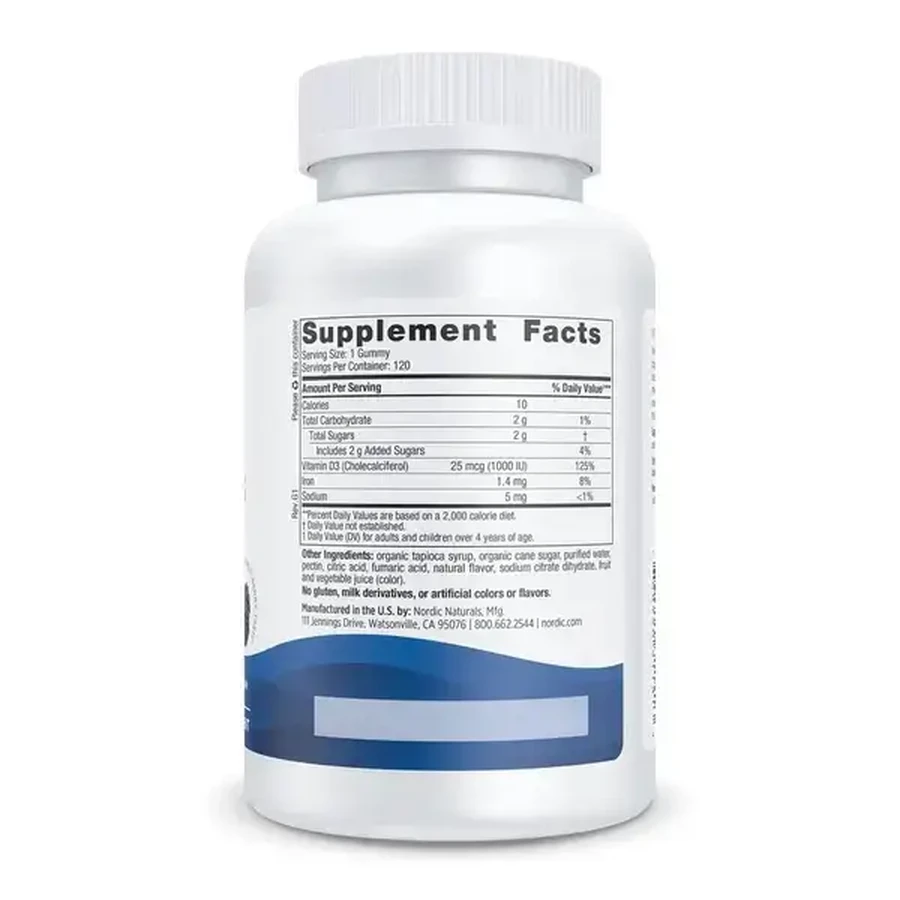 Nordic Naturals Vitamin D3 Gummies 1000 IU, bonbons à la gelée, goût mûre, 120 pcs.