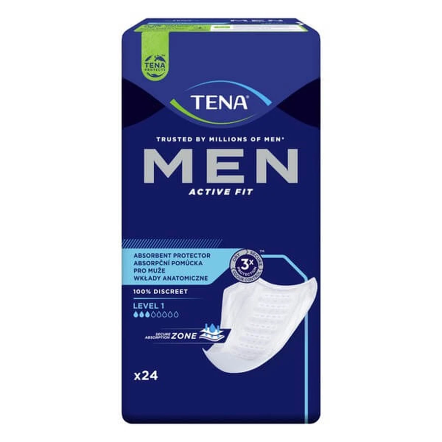 Lot de 6 x TENA Men Active Fit, semelles anatomiques pour hommes, niveau 1, 24 pièces.