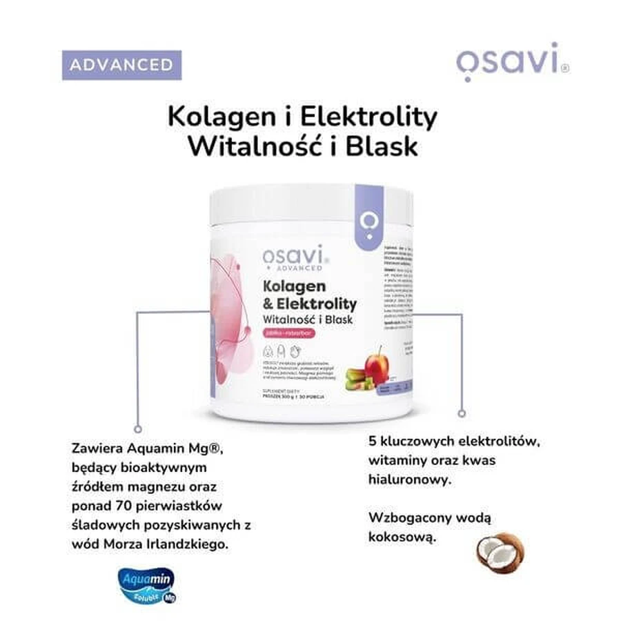 Osavi Collagen &amp; Electrolytes Vitality and Shine, powder, apple-rhubarb flavor, 390 g