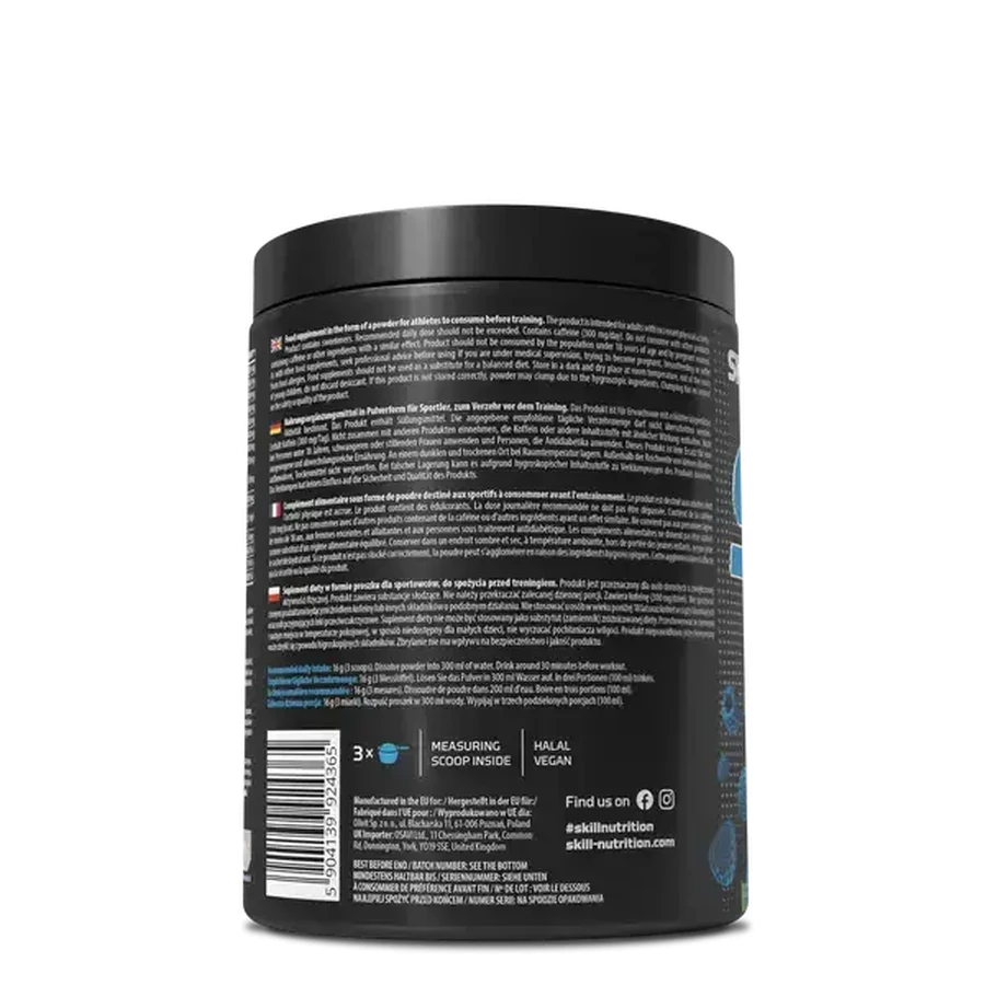 Skill Nutrition Pre-Workout, powder, blue raspberry flavor, 400 g