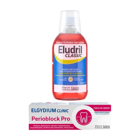 Set Eludril Classic, collutorio, 500 ml + Elgydium Clinic Perioblock Pro, dentifricio, 50 ml