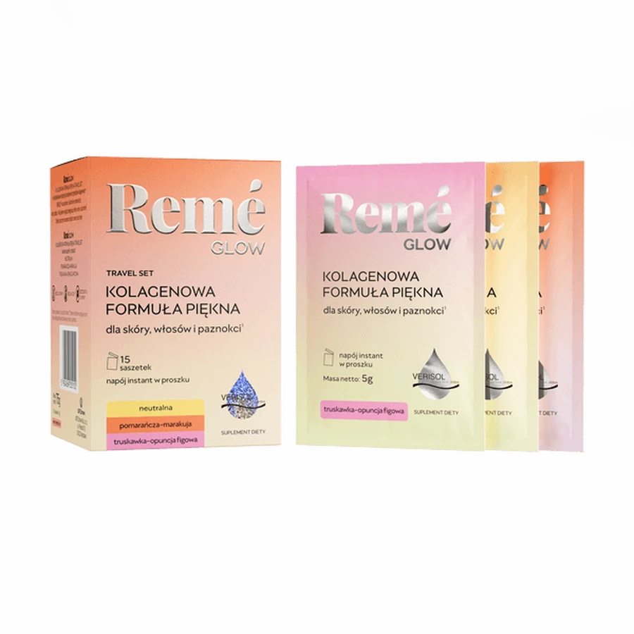 Reme Glow Collagen Beauty Formula Travel Set, pliculețe cu pudră, diferite arome, 15 buc.